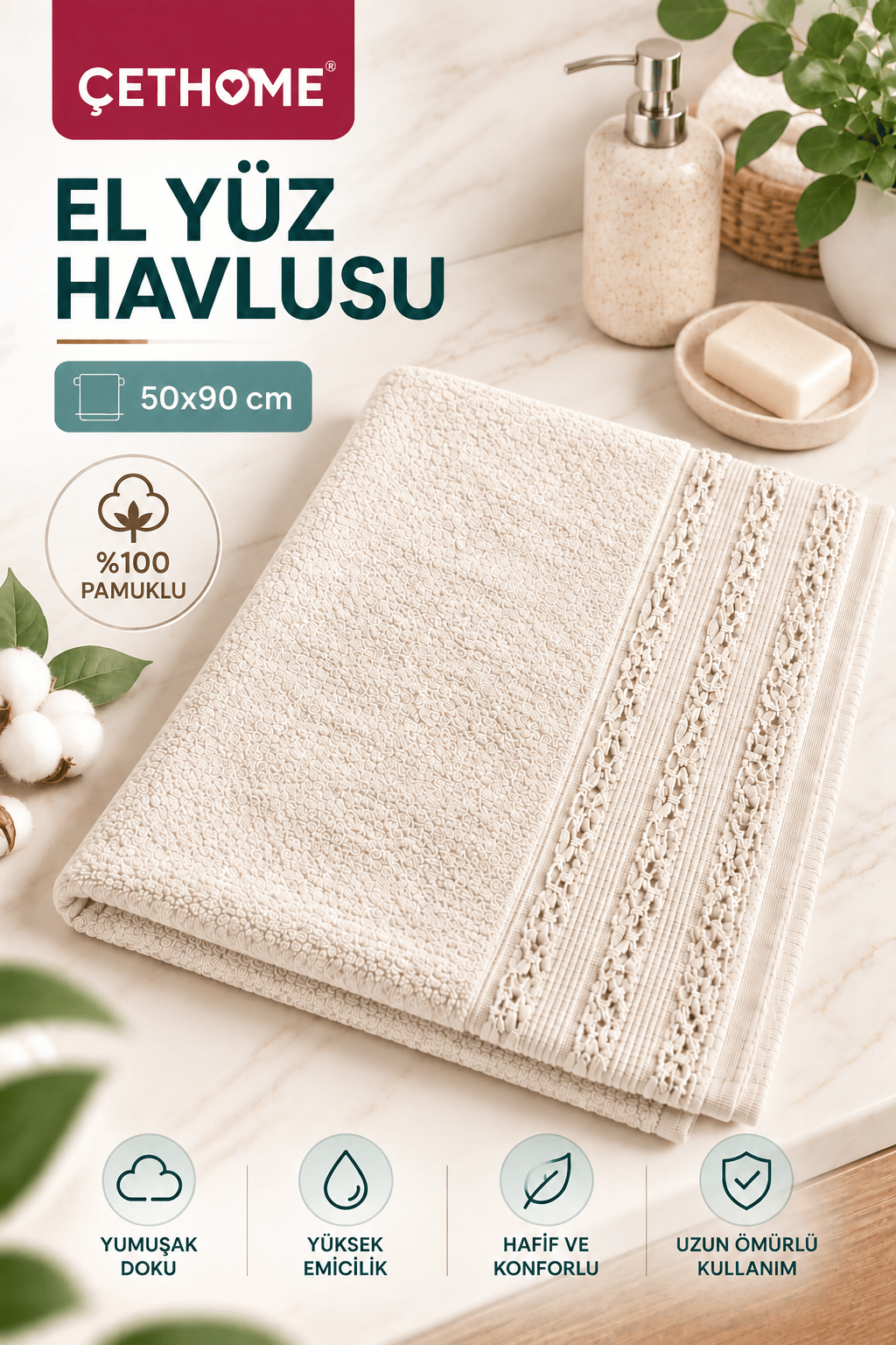 ÇetHome Bej Renk Motifli El Yüz Havlusu