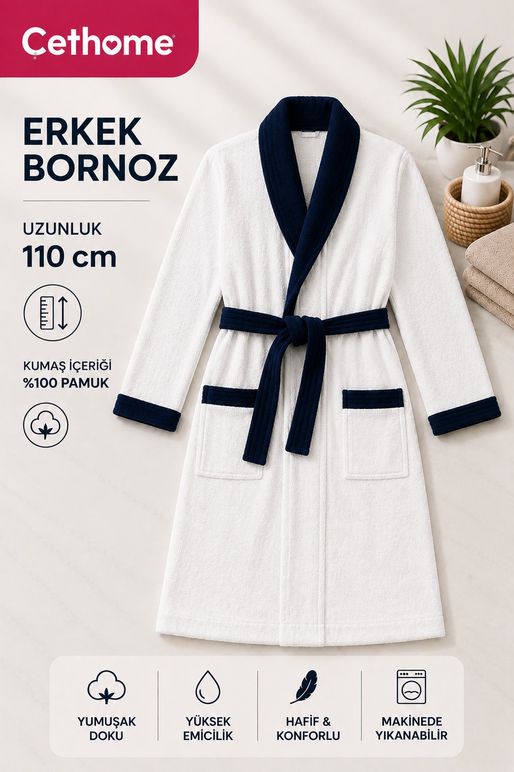 ÇetHome Beyaz Renk Lacivert Kemerli Erkek %100 Pamuklu Bornoz