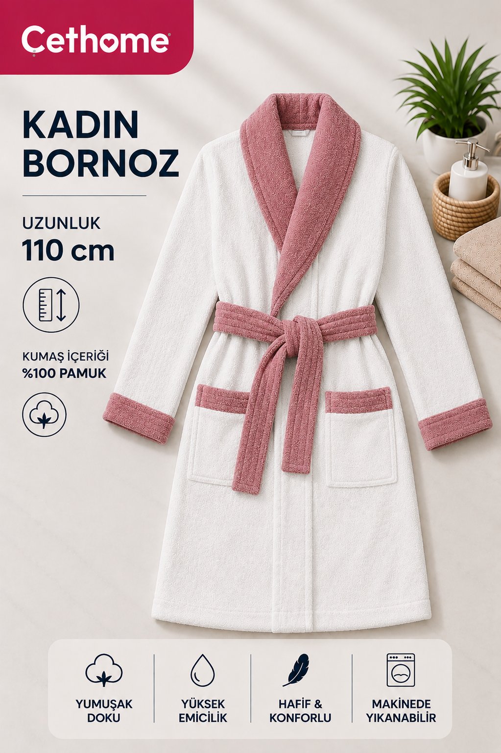 ÇetHome Beyaz Renk Pembe Kemerli Kadın %100 Pamuklu Bornoz