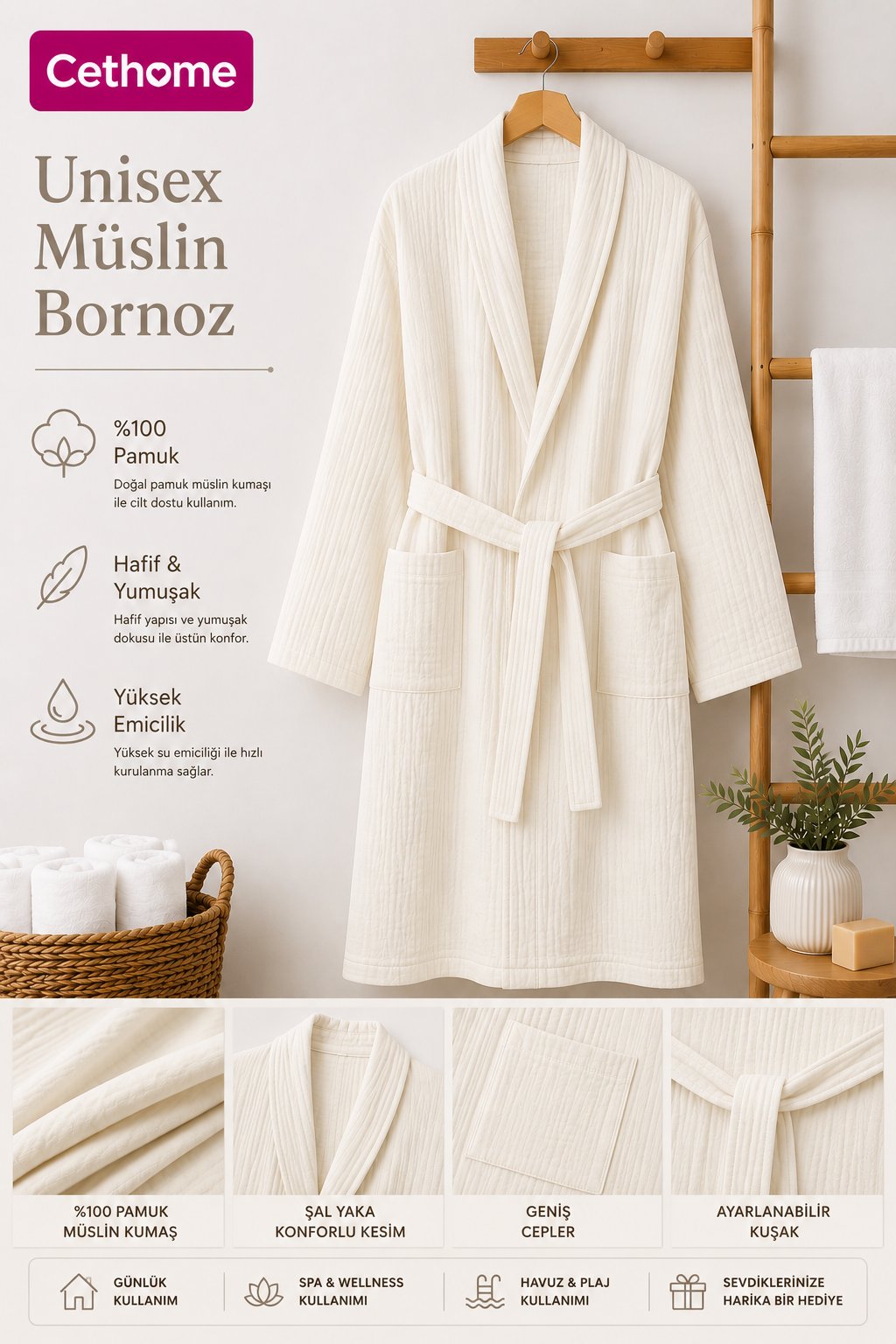 ÇetHome Ekru Renk Unisex Kemerli %100 Pamuklu Müslin Kumaş Bornoz