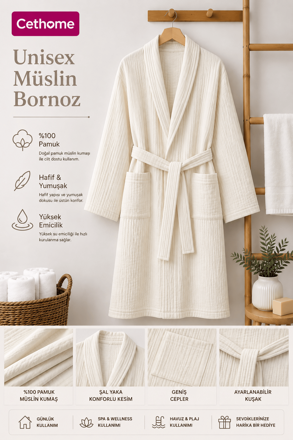 ÇetHome Kırık Beyaz Renk Unisex Kemerli %100 Pamuklu Müslin Kumaş Bornoz