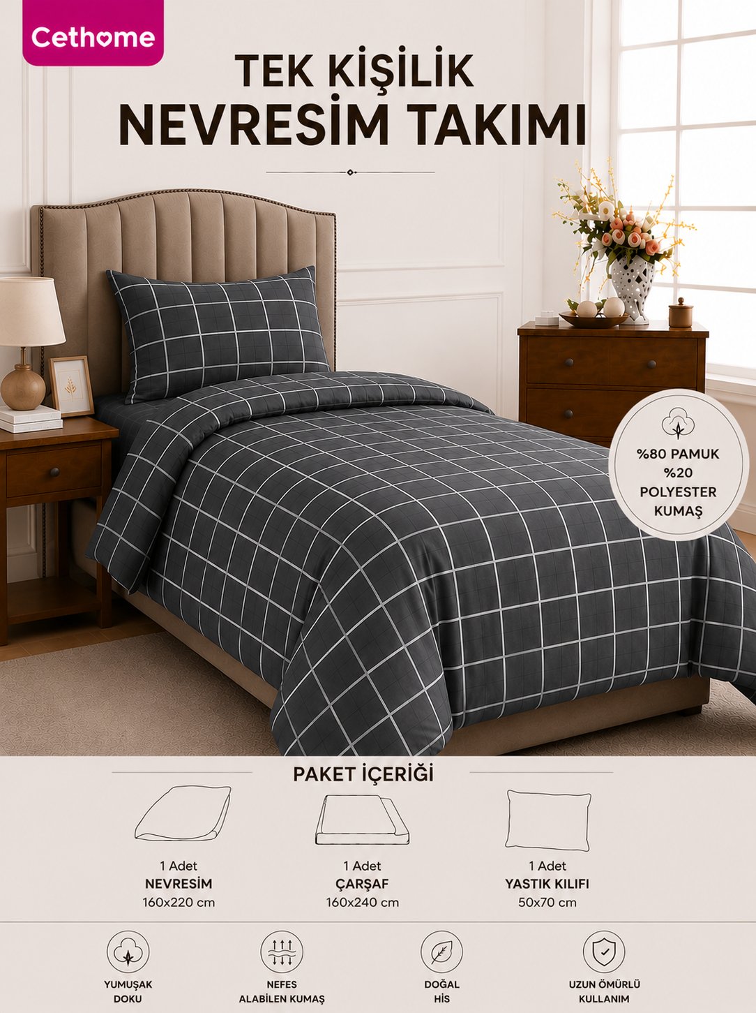 ÇetHome Pamuklu Antrasit Ekoseli Tek Kişilik Nevresim Takımı