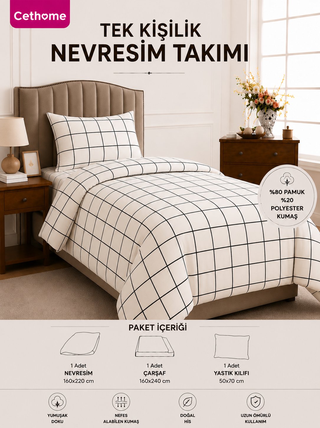ÇetHome Pamuklu Beyaz Ekose Desenli Tek Kişilik Nevresim Takımı