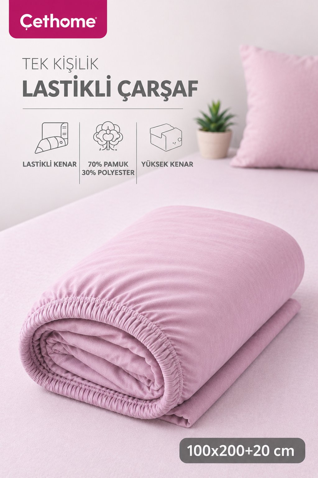 ÇetHome Pamuklu Gül Kurusu Lastikli Tek Kişilik Çarşaf 100*200 cm