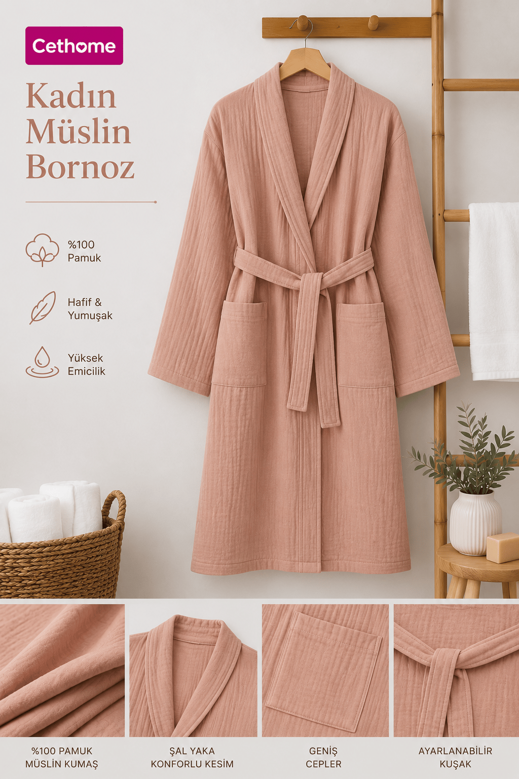 ÇetHome Pembe Renk Kemerli %100 Pamuklu Müslin Kumaş Bornoz