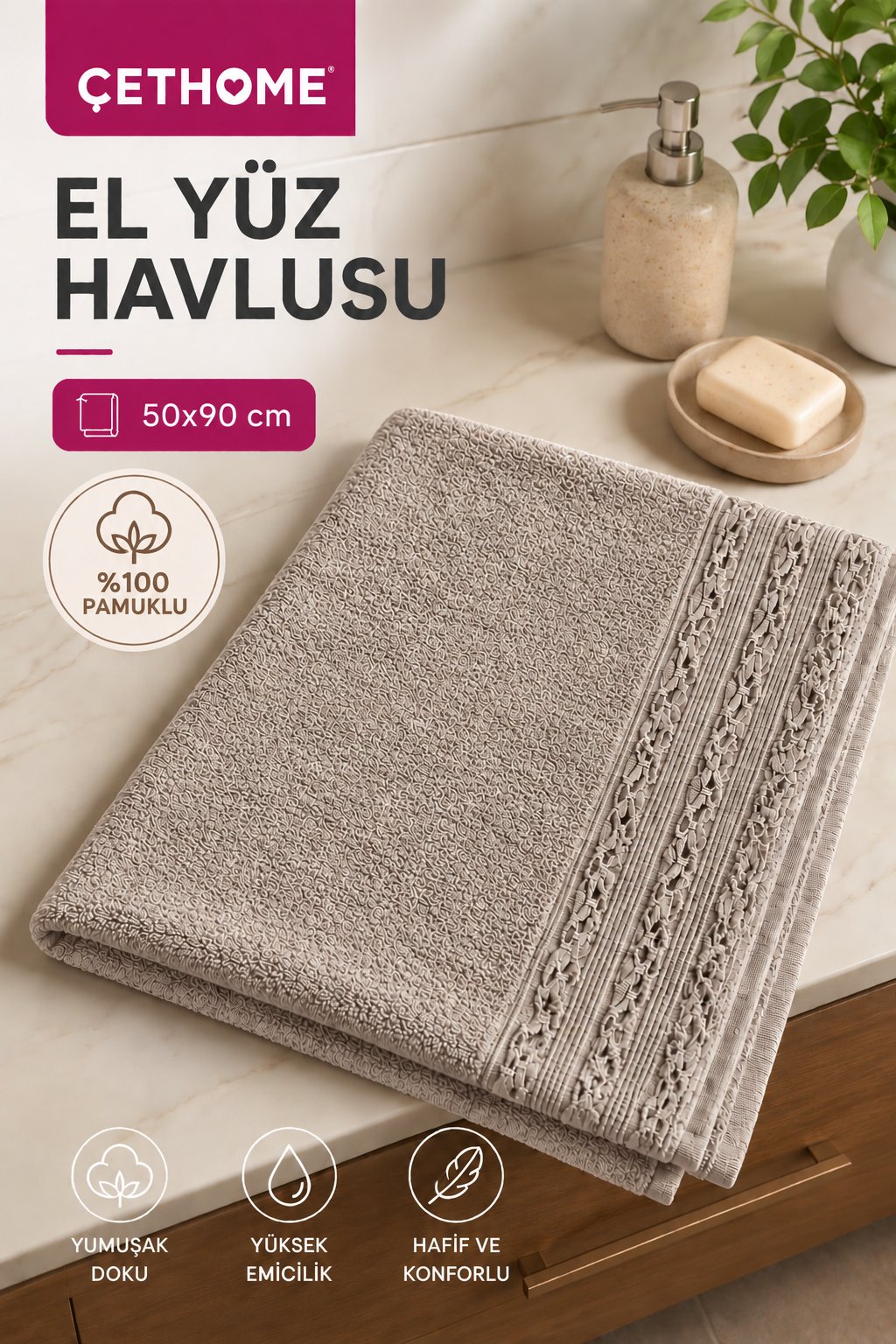 ÇetHome Vizon Renk Motifli El Yüz Havlusu