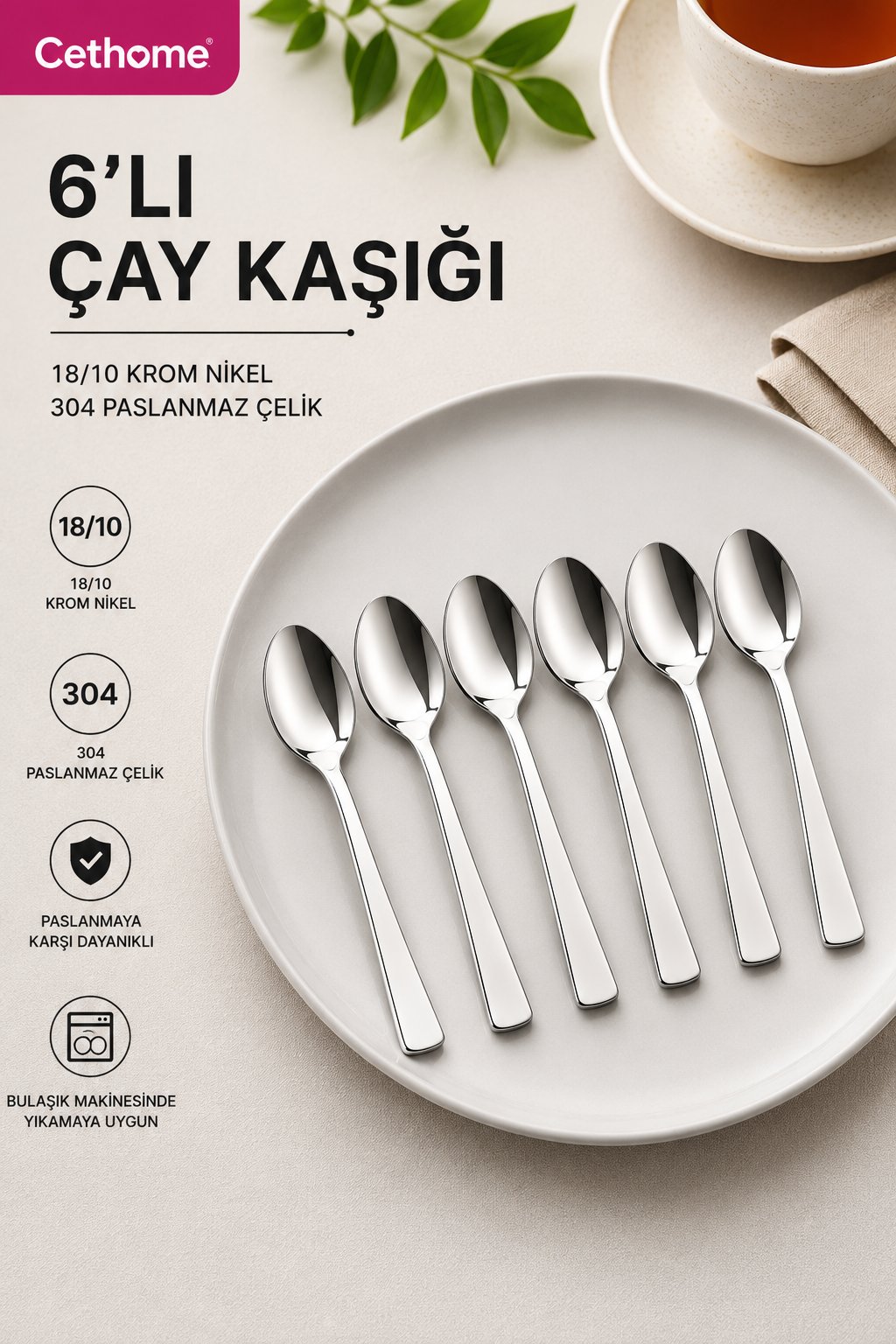 Gümüş Renk 6'lı 18/10 Paslanmaz Çelik Çay Kaşığı
