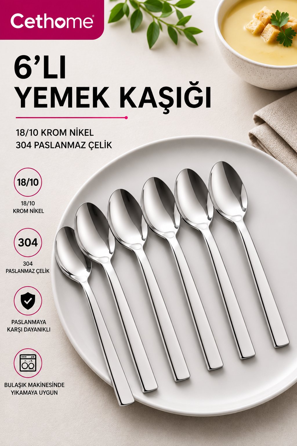 Gümüş Renk 6'lı 18/10 Paslanmaz Çelik Çorba Kaşığı