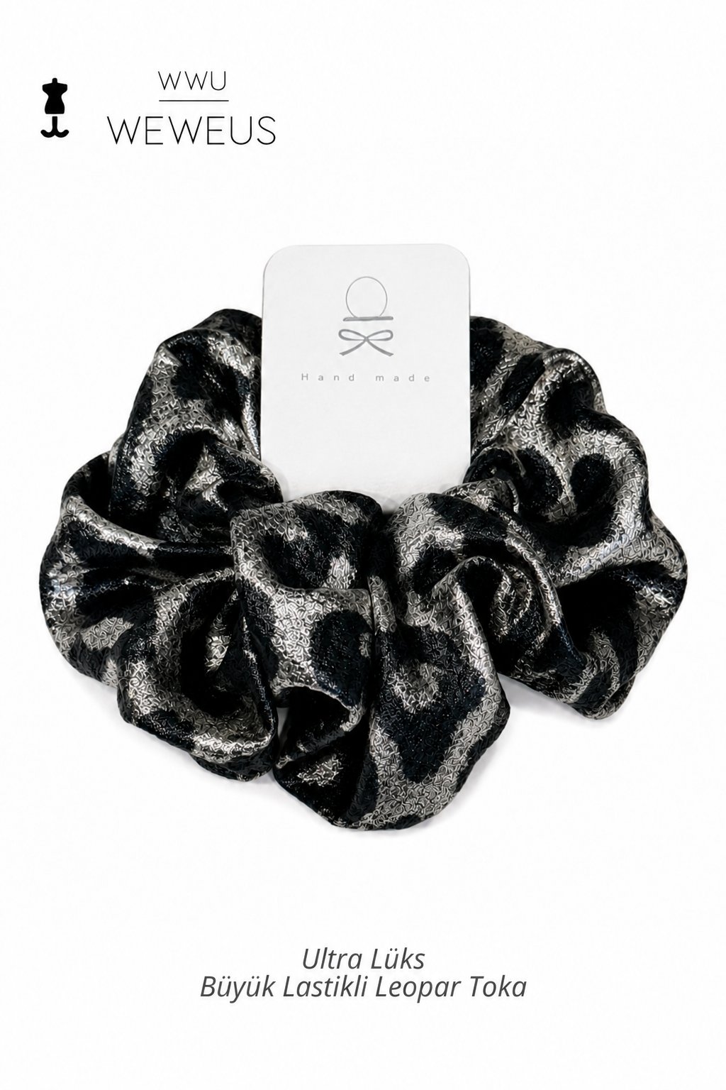 WeWeus Büyük Siyah Gri Leopar Premium Saten Lastik Scrunchie Toka