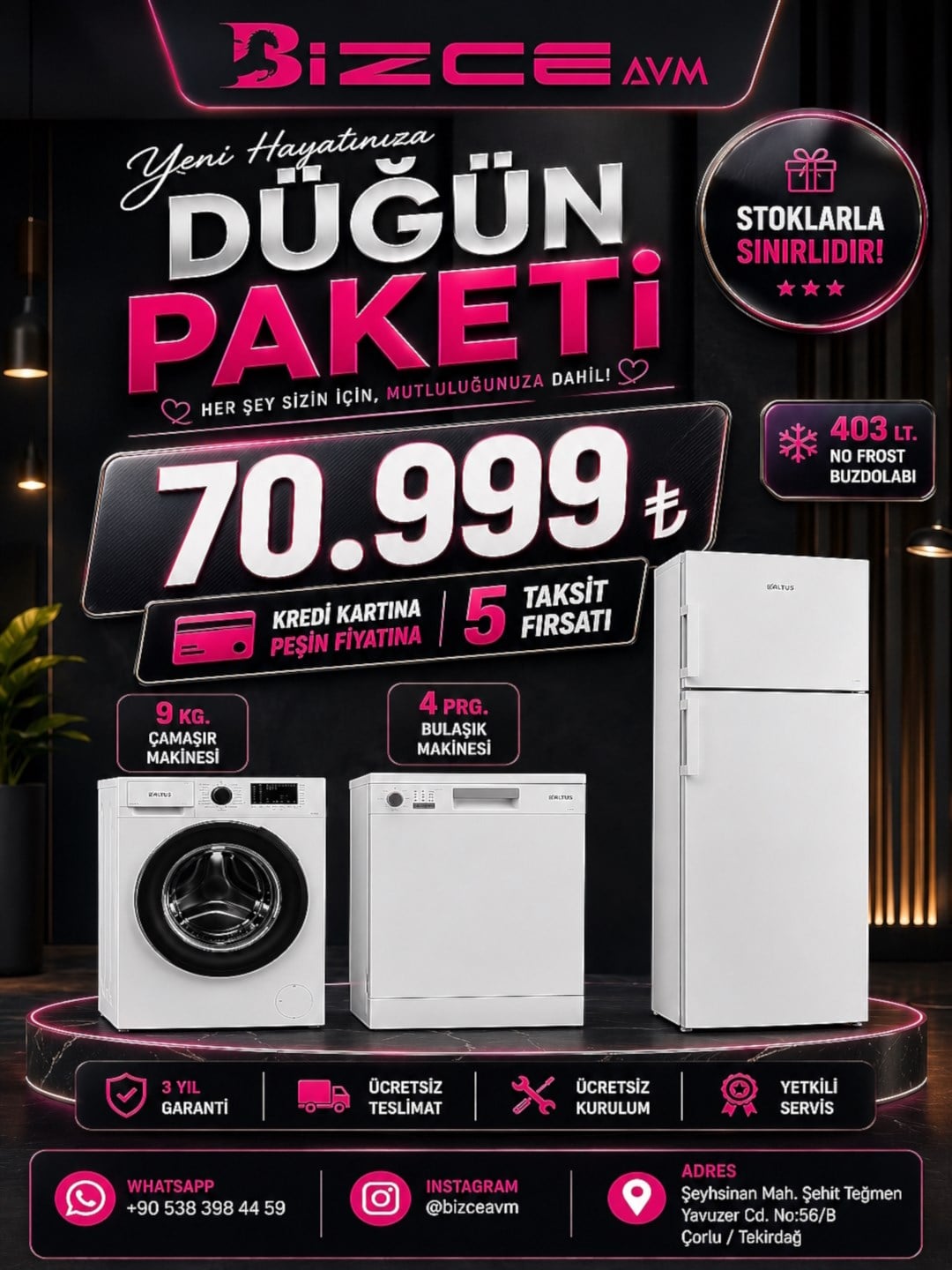 Altus 3'lü beyaz eşya seti: 403 lt No Frost buzdolabı, 9 kg çamaşır makinesi, 4 programlı bulaşık makinesi