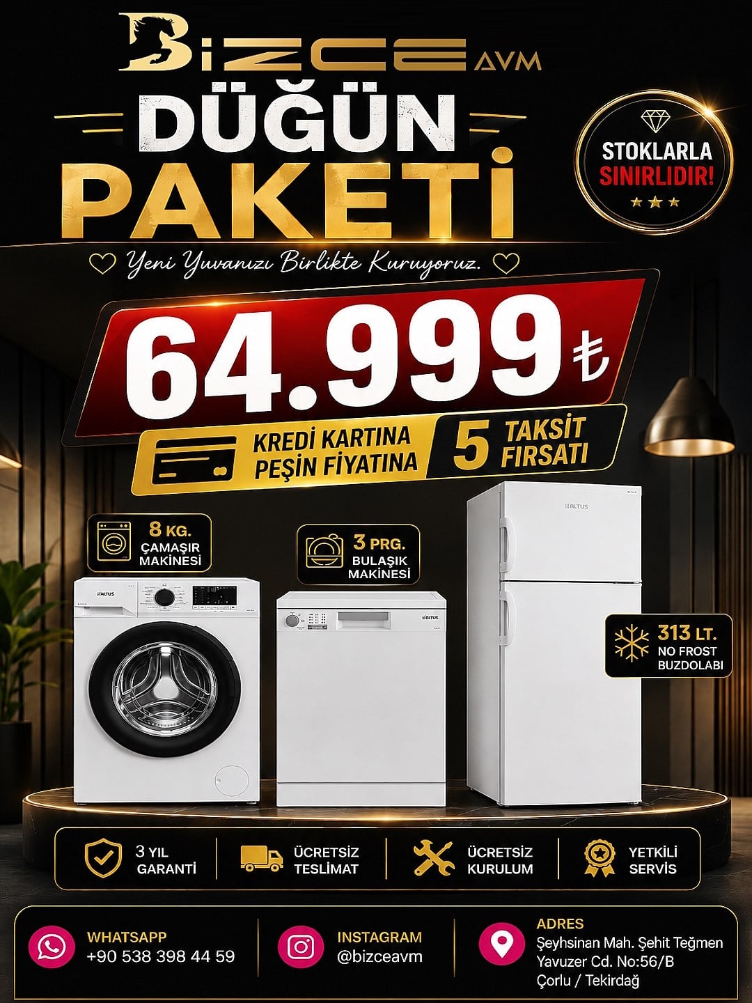 Altus 3'lü beyaz eşya seti: 313 lt buzdolabı, 8 kg çamaşır makinesi, 3 programlı bulaşık makinesi