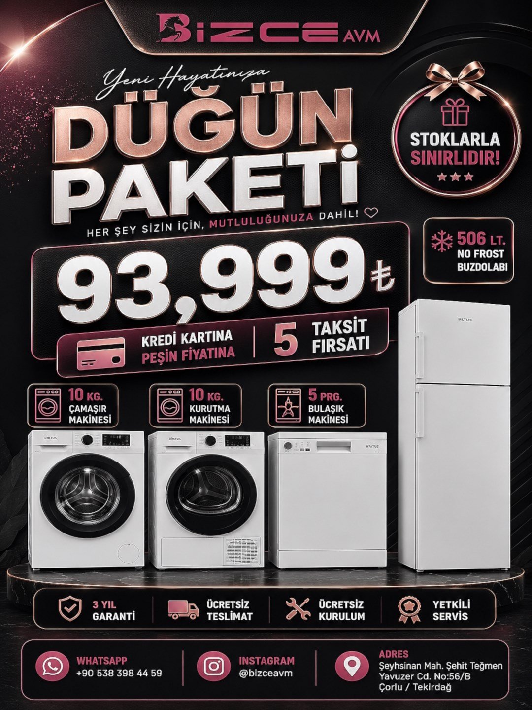 Altus 4'lü beyaz eşya seti: 506 lt buzdolabı, 10 kg çamaşır makinesi, 10 kg kurutma makinesi, 5 programlı bulaşık makinesi