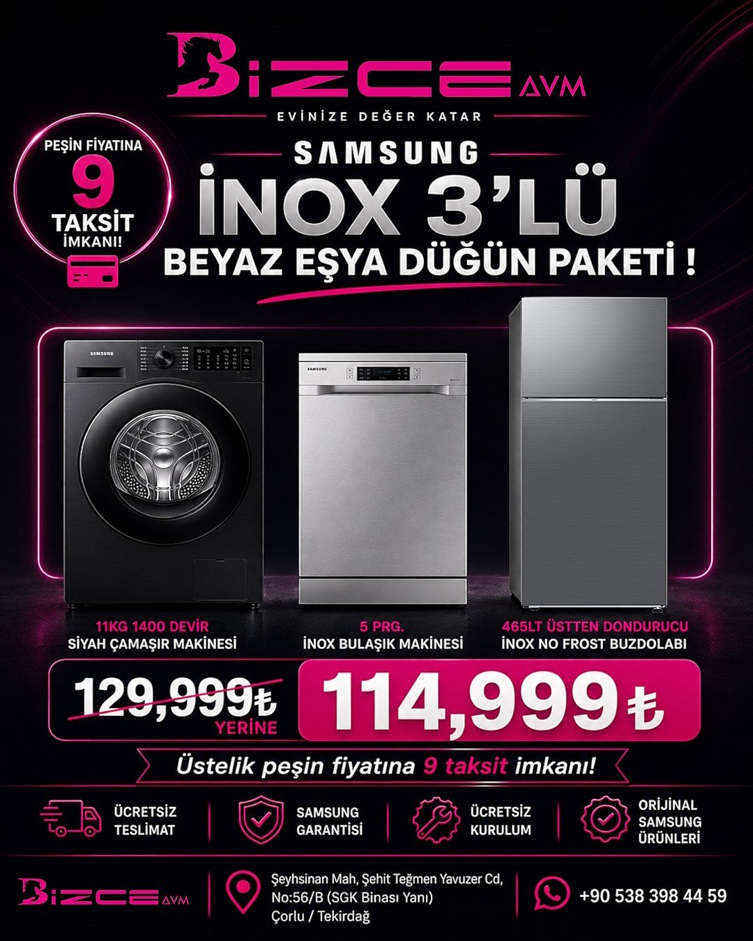 Samsung İnox 3'lü Beyaz Eşya Düğün Paketi
