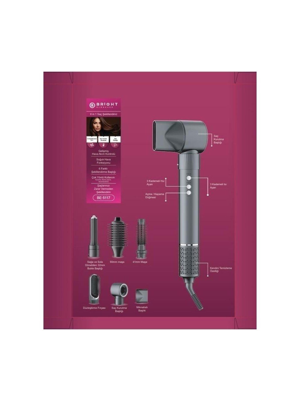 Bright Elegance BE-5117 6 In 1 Hava Üflemeli Saç Şekillendirici Set Antrasit Seramik Malzeme 32 mm Maşa