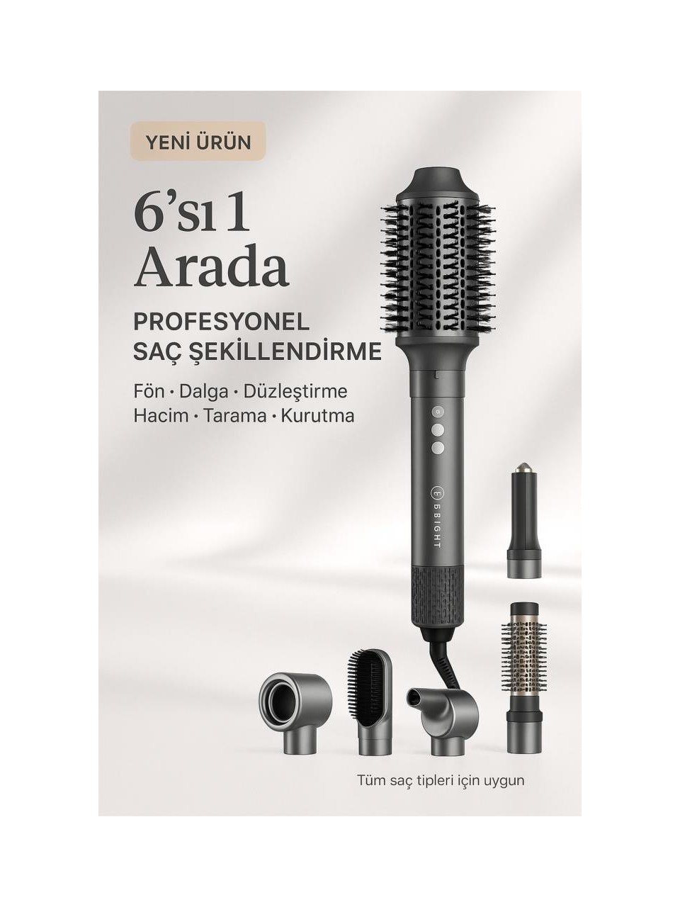 Bright Elegance BE-5117 6 In 1 Hava Üflemeli Saç Şekillendirici Set Antrasit Seramik Malzeme 32 mm Maşa