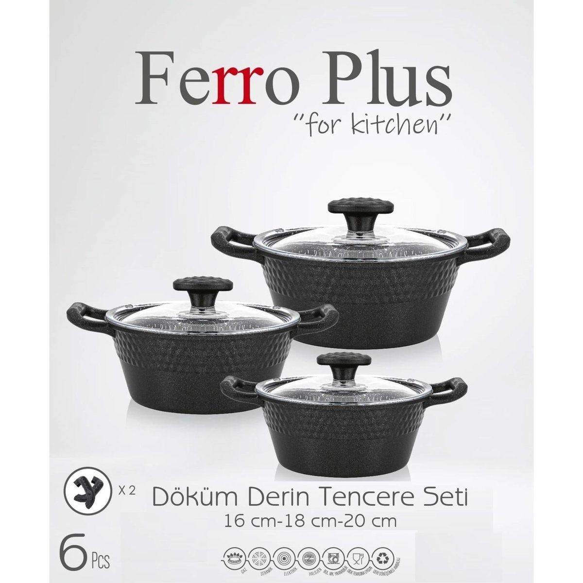 Ferro Plus Midi Siyah Cap Kapak 16-18-20Cm Derin Tencere Seti