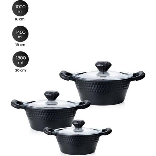 Ferro Plus Midi Siyah Cap Kapak 16-18-20Cm Derin Tencere Seti