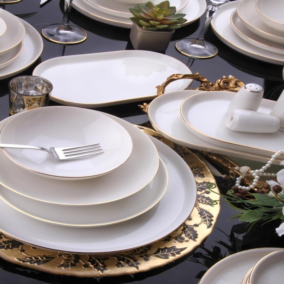 Güral Porselen 69 Parça Bilbao Bone Gold Renk File Yemek Takımı