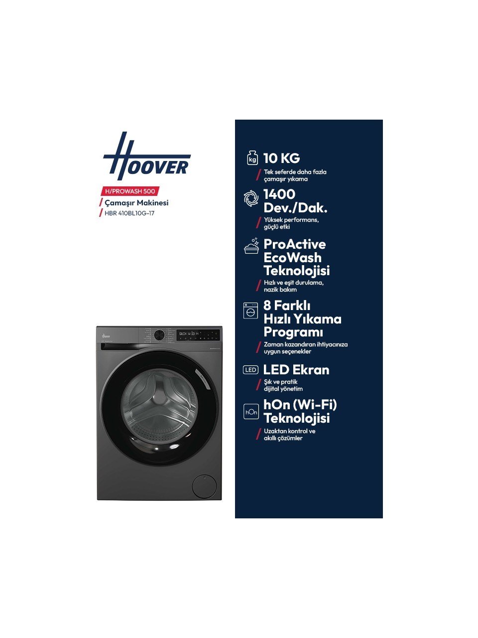 Hoover Hbr 410BL10G-17 10 kg Wi-Fi Bağlantılı 1400 Devir Çamaşır Makinesi