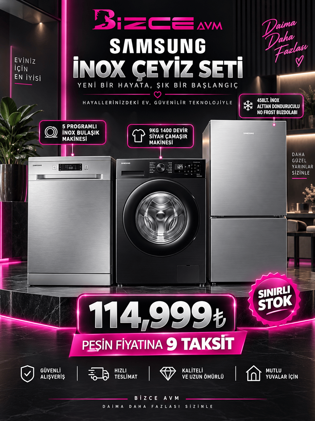 Samsung 3'lü İnox Düğün Çeyiz Seti