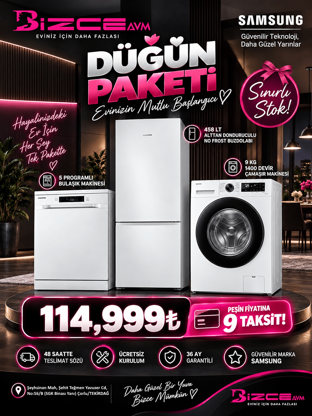 Samsung Düğün Paketi 458 Lt + 9 Kg + 5 Program | BizceAVM
