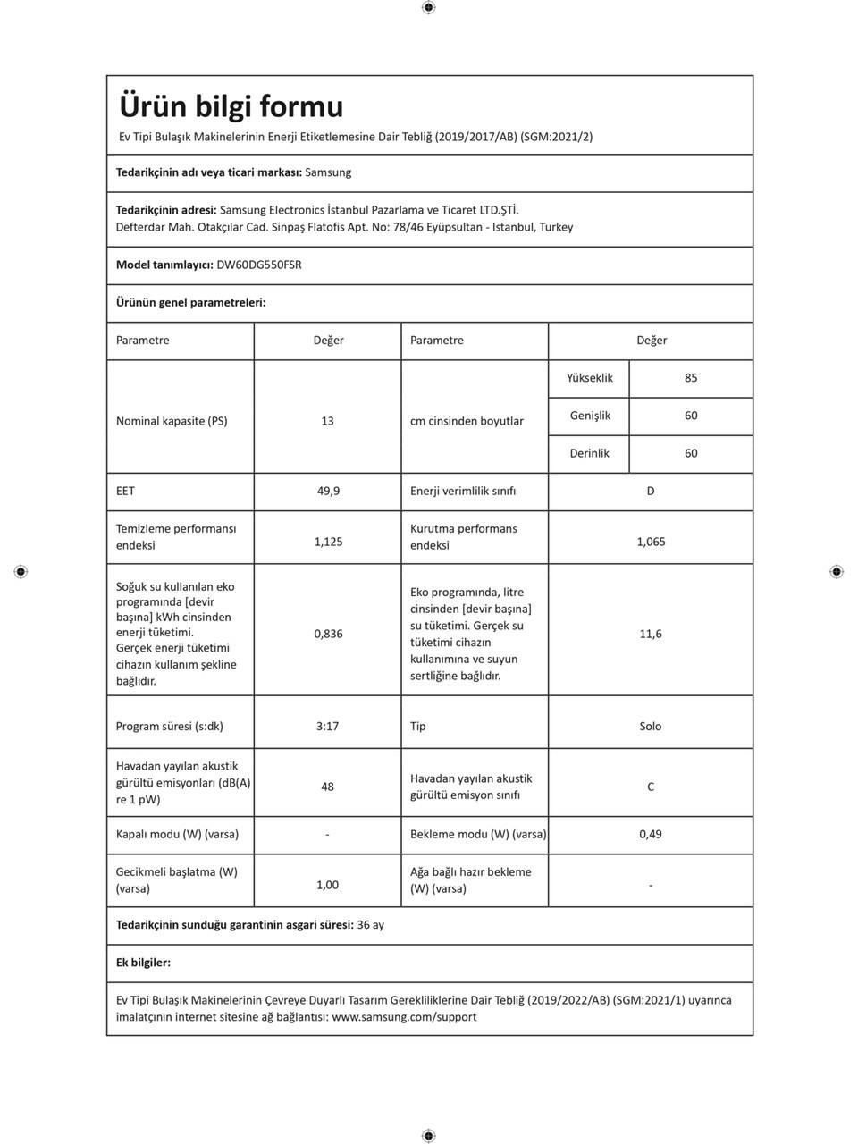Samsung DW60DG550FSR/TR 5 Programlı Bulaşık Makinesi