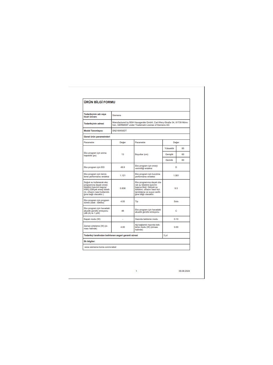 Siemens SN216W00DT 6 Programlı 13 Kişilik Bulaşık Makinesi