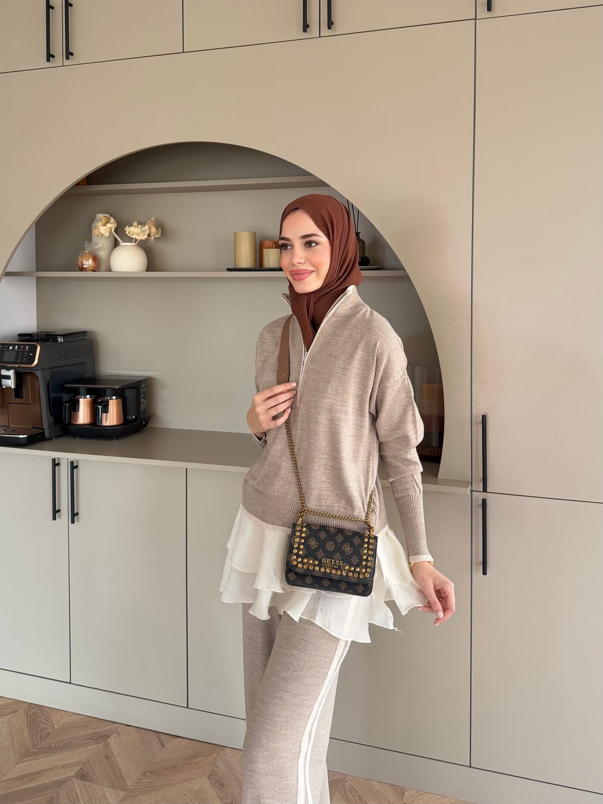 Aksis Fırfır Detaylı Triko Pantolonlu Takım Vizon (1143)