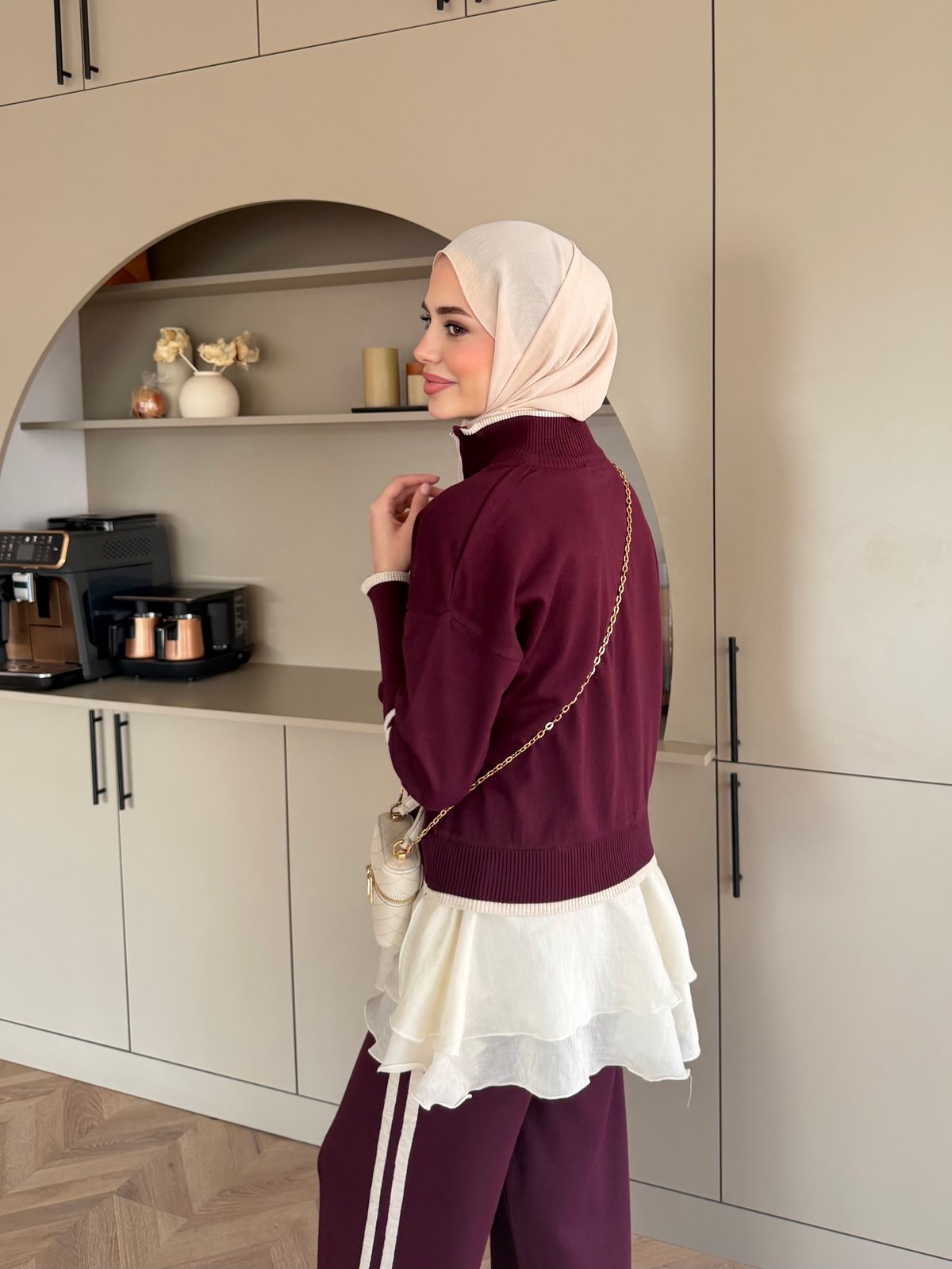 Aksis Fırfır Detaylı Triko Pantolonlu Takım Mürdüm (1143)