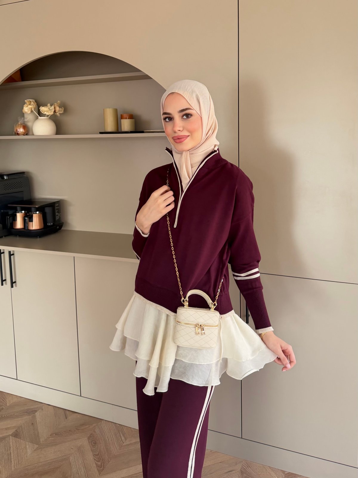Aksis Fırfır Detaylı Triko Pantolonlu Takım Mürdüm (1143)