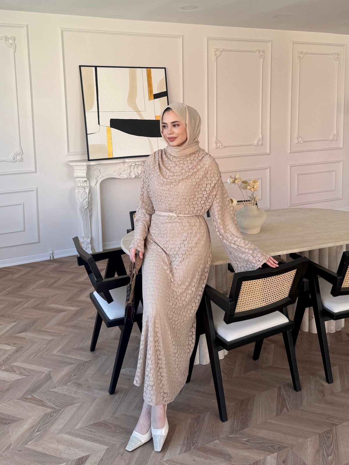 Allure Dantel Elbise Bej (4465)