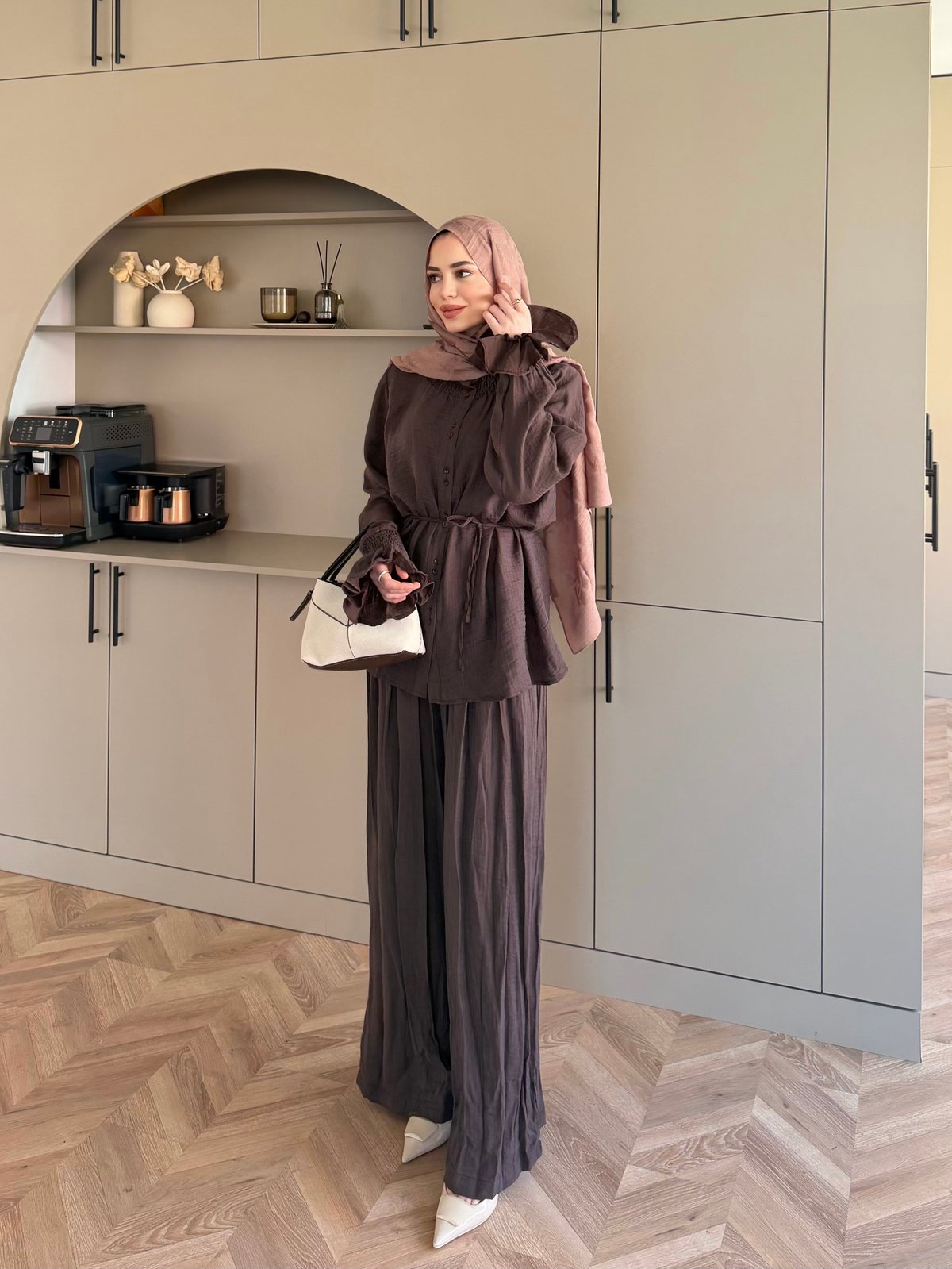 Aslin Düğmeli Pantolonlu Takım Acı Kahve (3072)