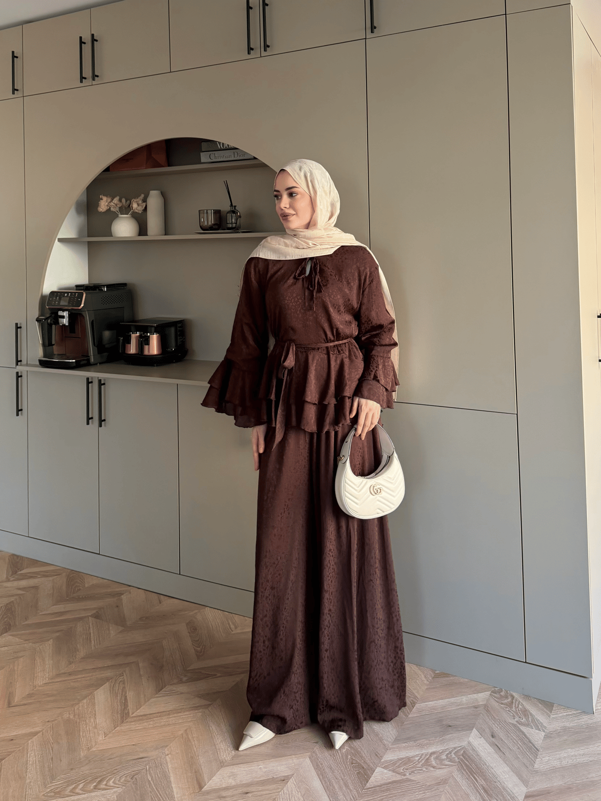 Asmila Yoryo Şifon Kat Kat Pantolonlu Takım Kestane (8221) 