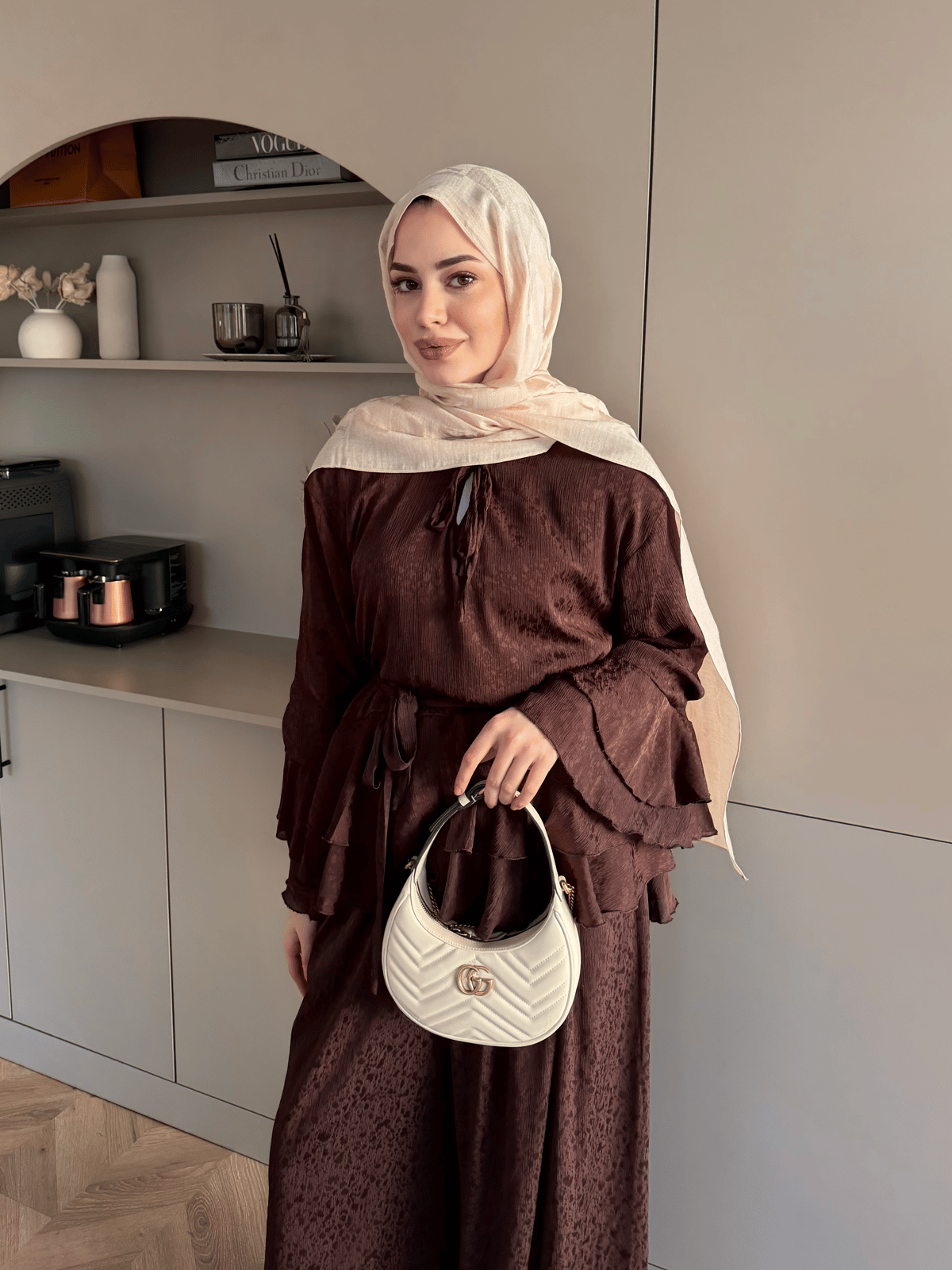 Asmila Yoryo Şifon Kat Kat Pantolonlu Takım Kestane (8221) 
