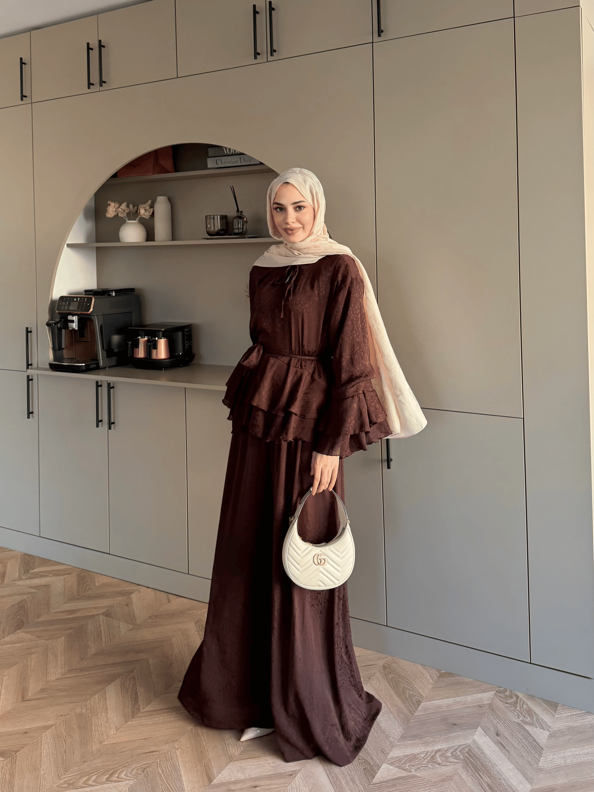 Asmila Yoryo Şifon Kat Kat Pantolonlu Takım Kestane (8221) 