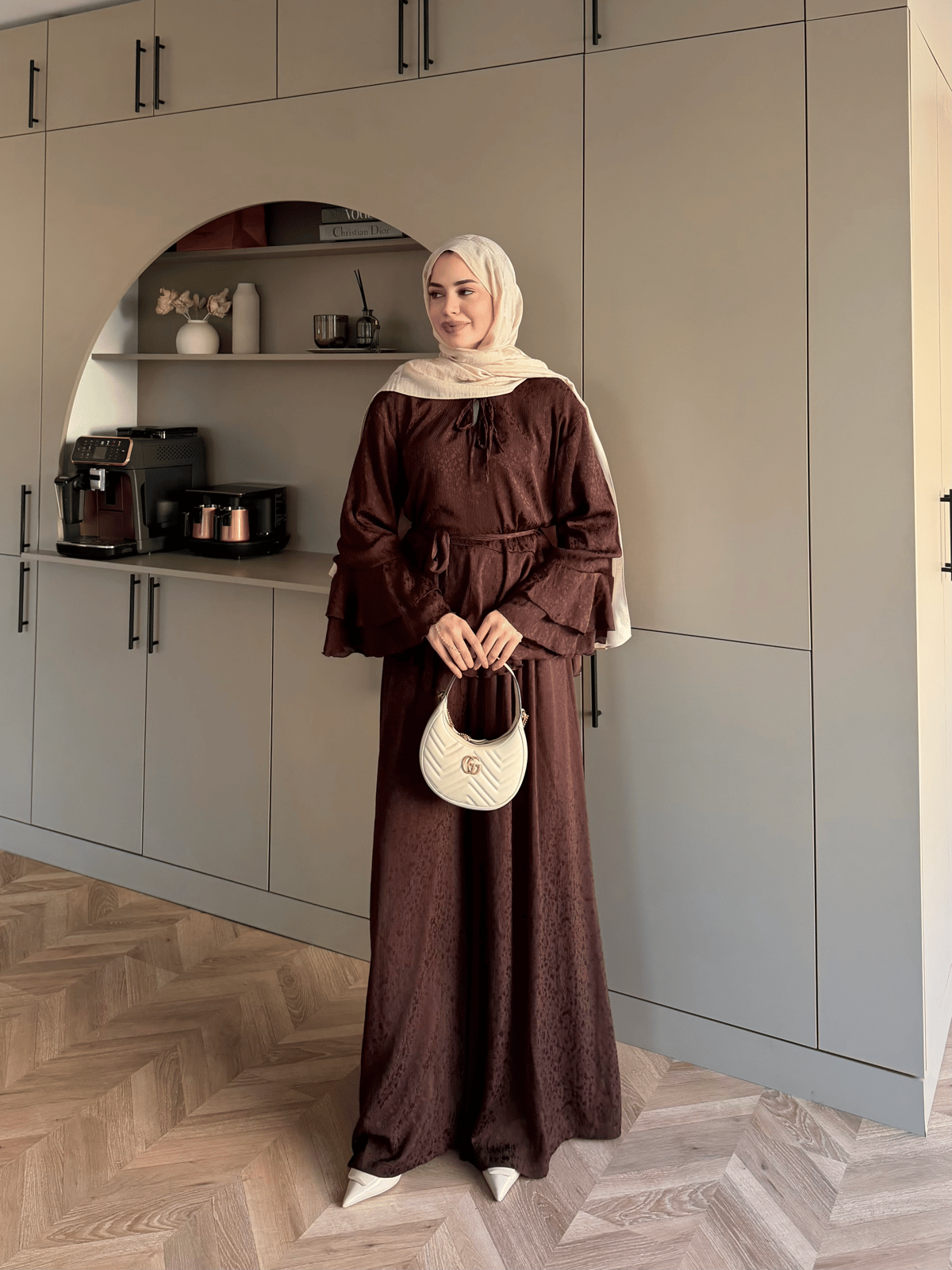 Asmila Yoryo Şifon Kat Kat Pantolonlu Takım Kestane (8221) 