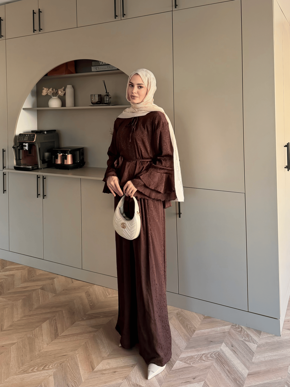 Asmila Yoryo Şifon Kat Kat Pantolonlu Takım Kestane (8221) 