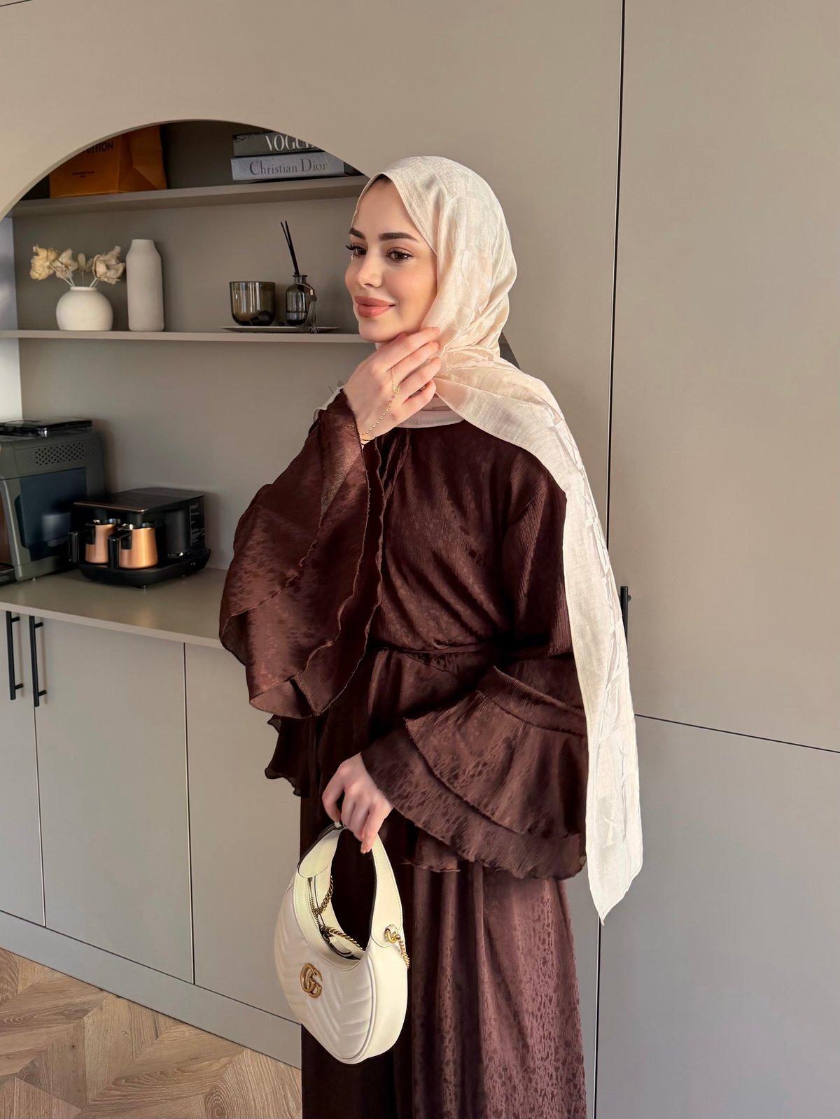 Asmila Yoryo Şifon Kat Kat Pantolonlu Takım Kestane (8221) 