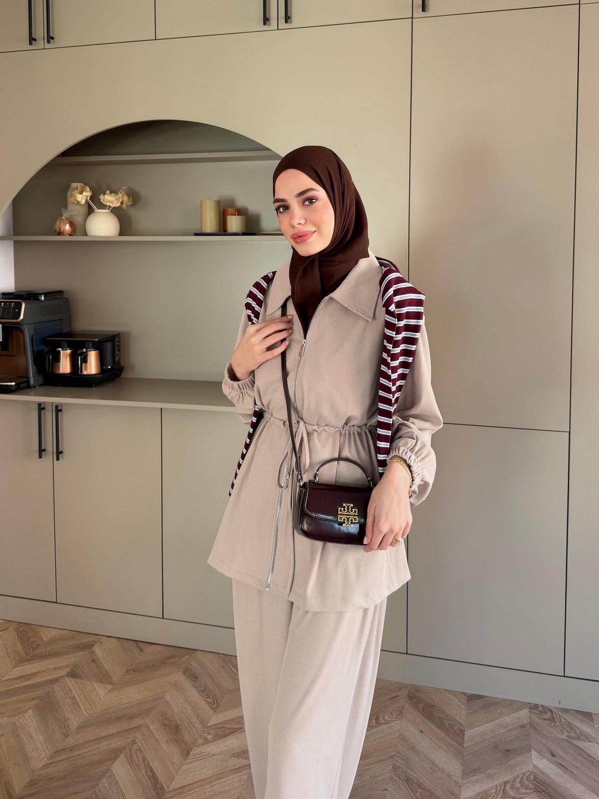 Athena Beli Büzgülü Büzgülü Pantolonlu Takım Bej (4592)