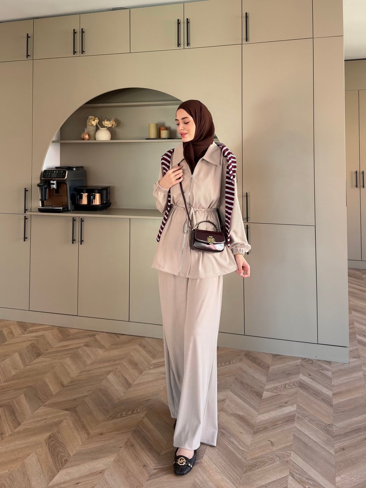 Athena Beli Büzgülü Büzgülü Pantolonlu Takım Bej (4592)