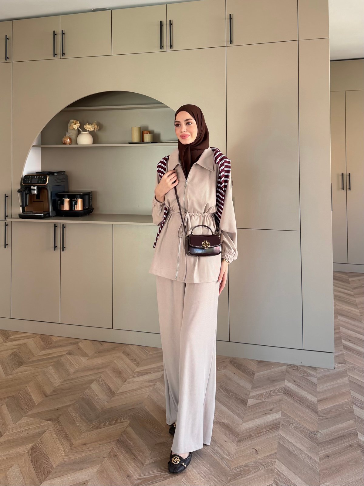 Athena Beli Büzgülü Büzgülü Pantolonlu Takım Bej (4592)