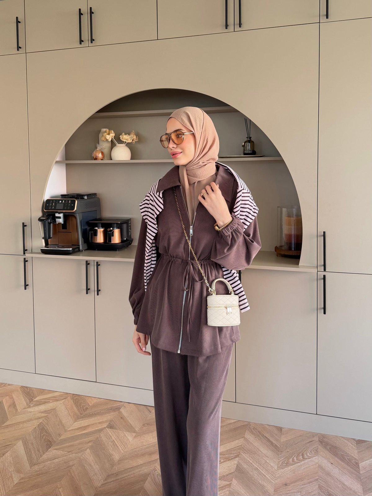 Athena Beli Büzgülü Pantolonlu Takım Kahve (4592)