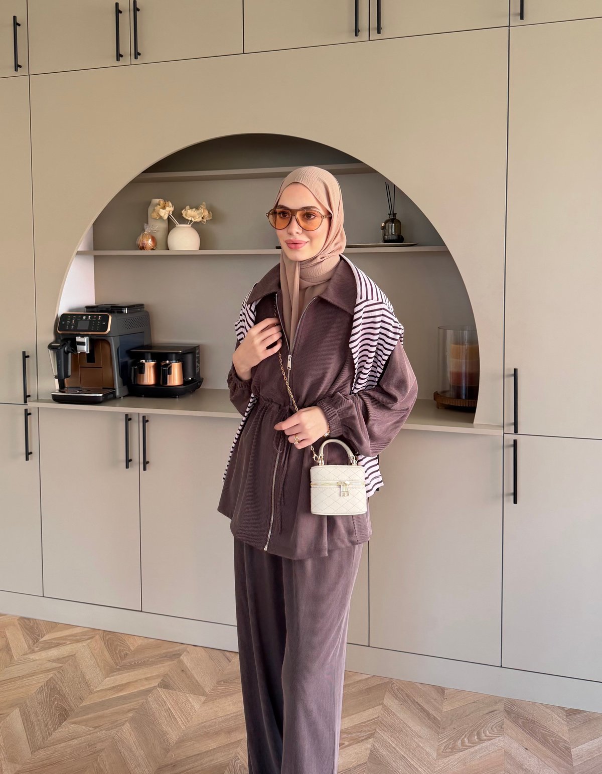 Athena Beli Büzgülü Pantolonlu Takım Kahve (4592)
