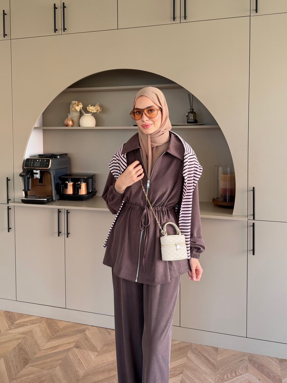 Athena Beli Büzgülü Pantolonlu Takım Kahve (4592)
