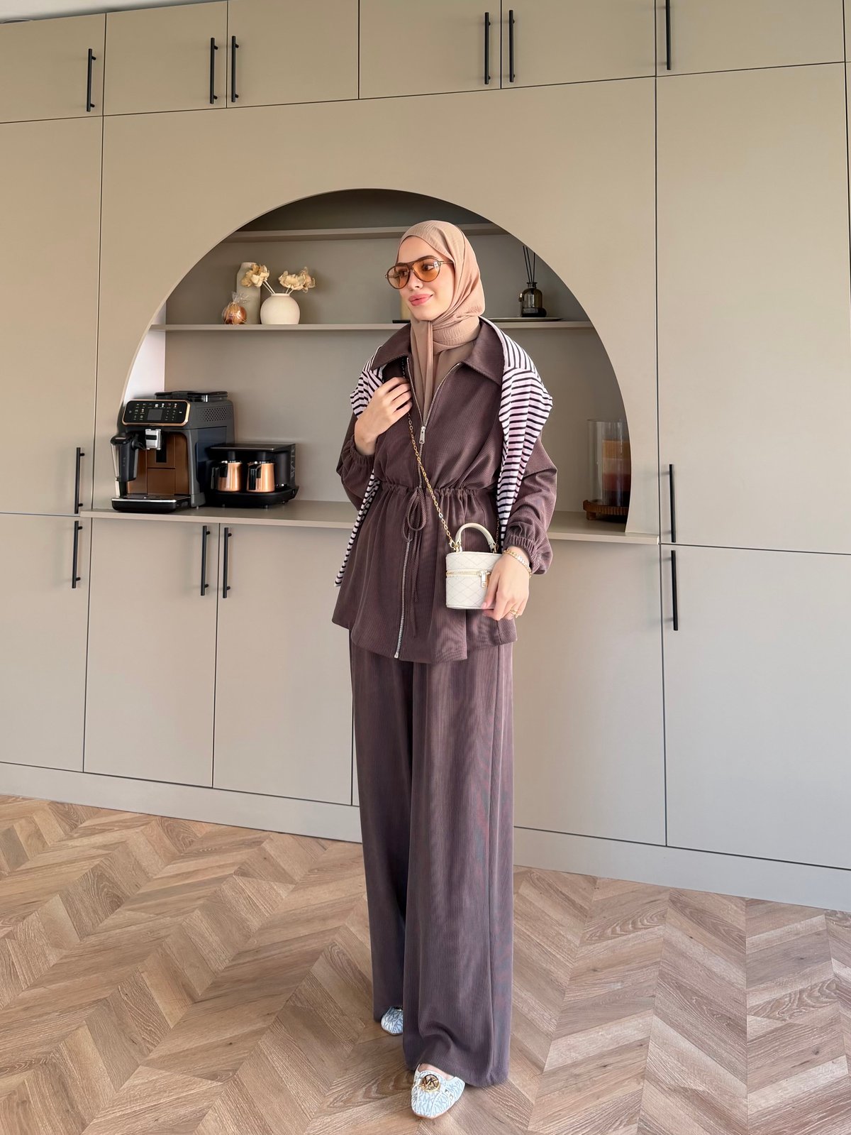 Athena Beli Büzgülü Pantolonlu Takım Kahve (4592)