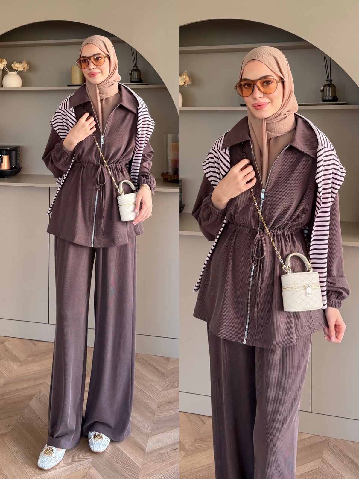 Athena Beli Büzgülü Pantolonlu Takım Kahve (4592)