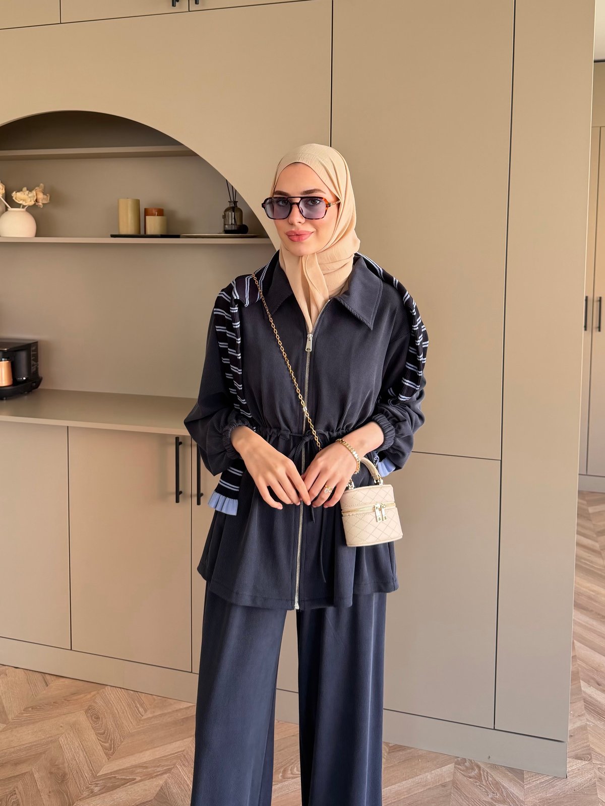 Athena Beli Büzgülü Pantolonlu Takım Lacivert (4592)