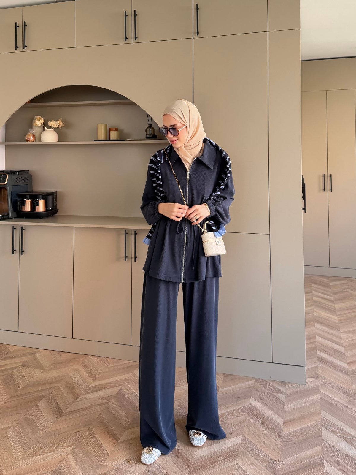 Athena Beli Büzgülü Pantolonlu Takım Lacivert (4592)