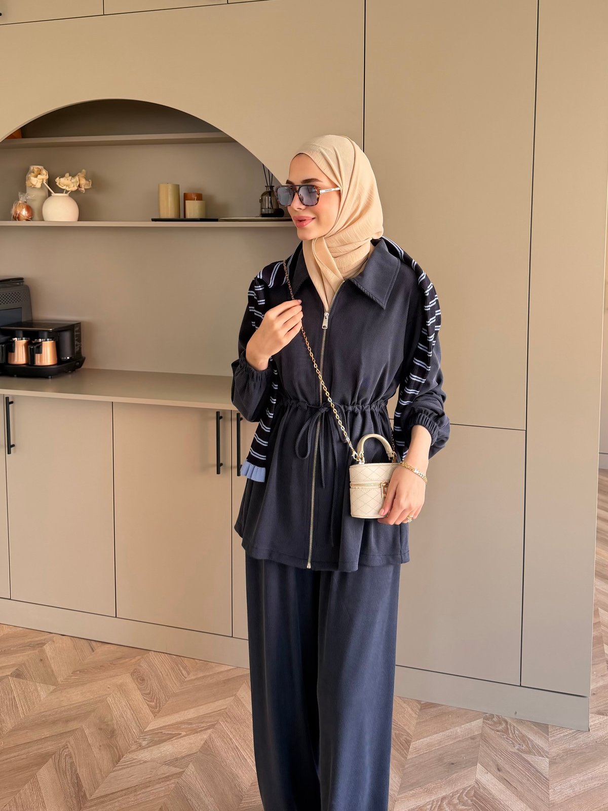 Athena Beli Büzgülü Pantolonlu Takım Lacivert (4592)