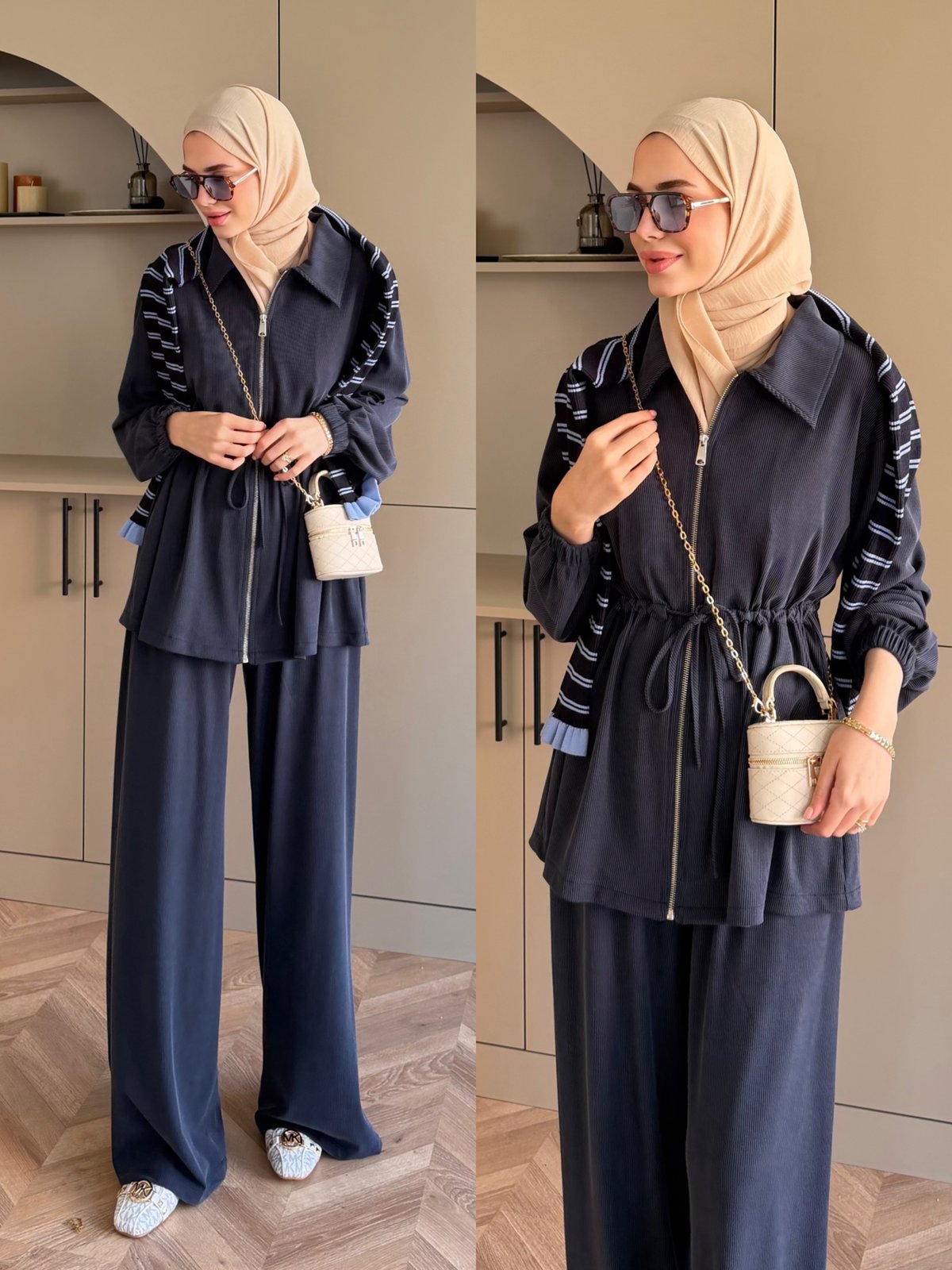 Athena Beli Büzgülü Pantolonlu Takım Lacivert (4592)